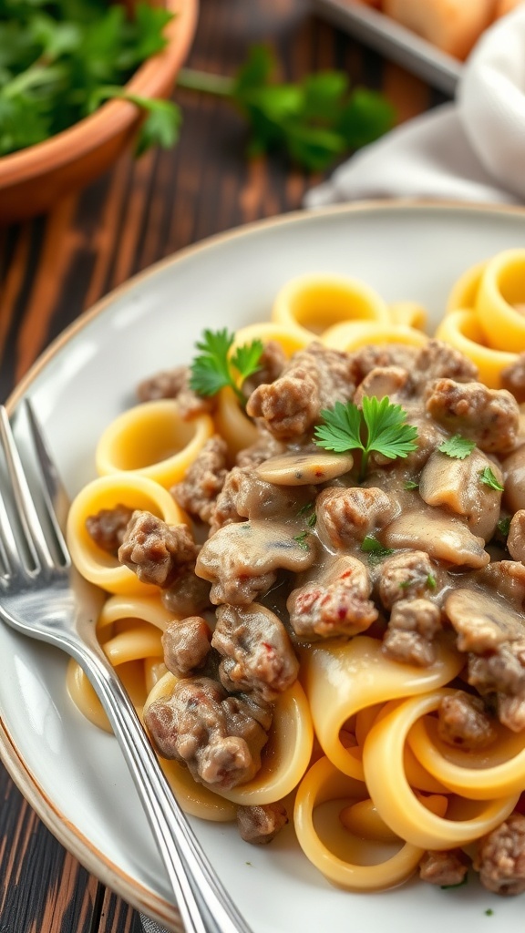 A plate of hamburger stroganoff with egg noodles and creamy mushroom sauce, garnished with parsley.